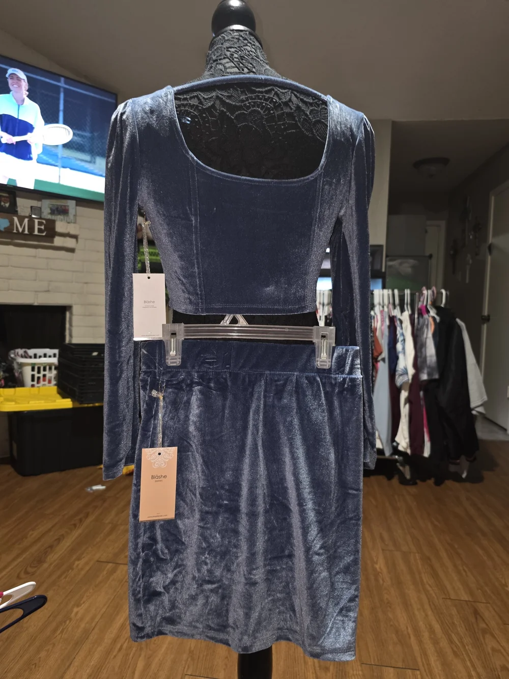 Velvet Dusty Blue Pencil Skirt - Matching Set Included